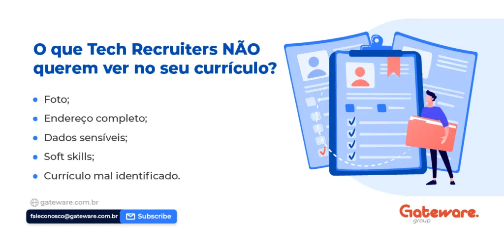 Ilustração representando erros em currículos de TI, com elementos que indicam excesso de informações e falhas que dificultam a avaliação por recrutadores.