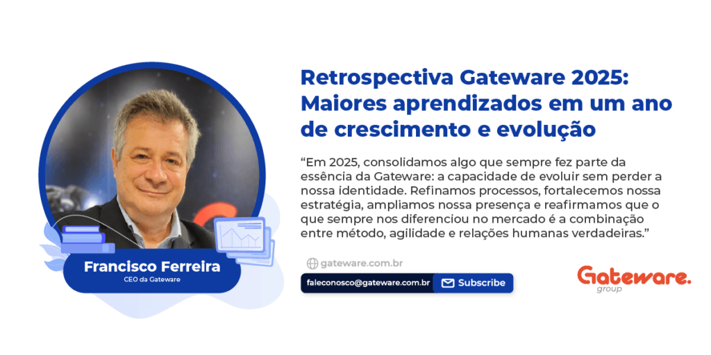 Ilustração representando a retrospectiva da Gateware em 2025, com aprendizados sobre crescimento, cultura, bem-estar e evolução no mercado de tecnologia.