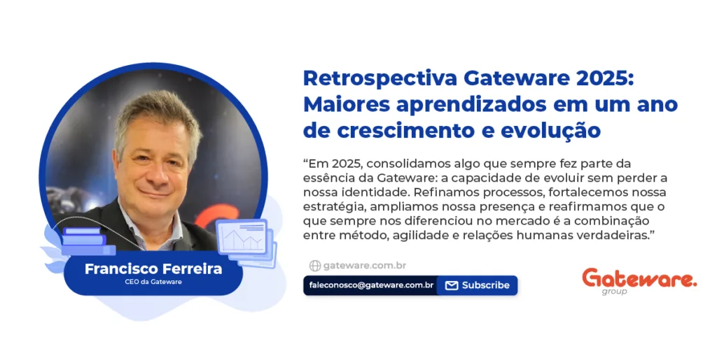 Ilustração representando a retrospectiva da Gateware em 2025, com aprendizados sobre crescimento, cultura, bem-estar e evolução no mercado de tecnologia.