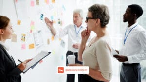 Grupo diverso de profissionais em reunião estratégica em um escritório. Uma mulher branca segura uma prancheta e conversa com outra mulher branca de cabelo curto e óculos, que observa um mural com post-its coloridos enquanto segura um copo. Ao fundo, um homem branco aponta para o quadro e um homem negro acompanha a discussão com um bloco de anotações. O grupo analisa ideias, processos e planejamentos organizados na parede, em um ambiente colaborativo e bem iluminado.